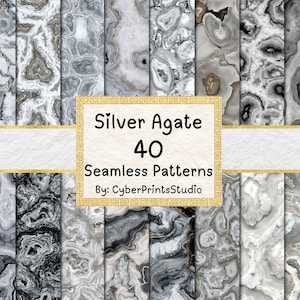 May include: A collection of 40 seamless patterns featuring silver agate designs. The patterns showcase a variety of gray, white, and black marble-like textures with gold accents. The text "Silver Agate 40 Seamless Patterns" is displayed in a gold frame.