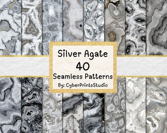 Silver Agate Digital Paper Bundle – 40 Gray Geode Seamless Textures, Metallic Stone and Quartz Backgrounds, Sublimation, Crafts, Sublimation
