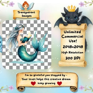 May include: Watercolor illustration featuring a mermaid with flowing silver hair and a teal tail, reading a book. A small blue dragon and a fairy are also present. Text includes "Transparent Images" and "Unlimited Commercial Use!"