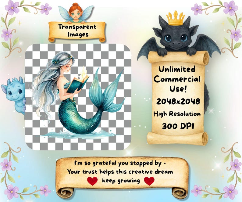 May include: Watercolor illustration featuring a mermaid with flowing silver hair and a teal tail, reading a book. A small blue dragon and a fairy are also present. Text includes "Transparent Images" and "Unlimited Commercial Use!"