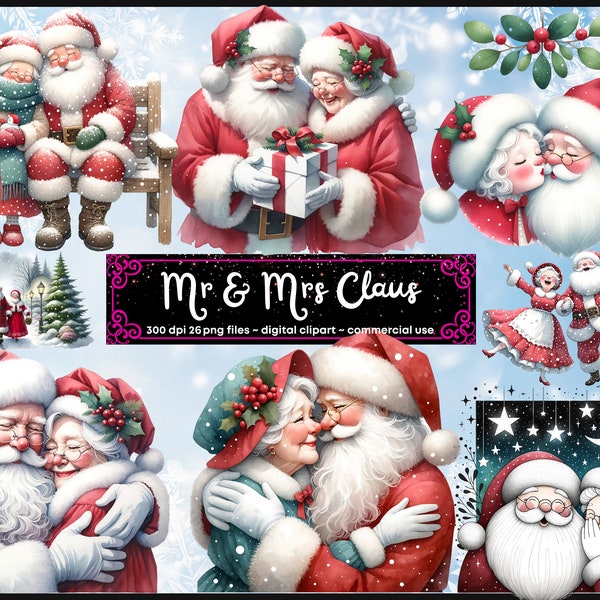 Mr and Mrs Claus Clipart, Santa, Christmas, Love and Romance, Holiday PNG Christmas, Digital Prints,Instant Digital Download, Commercial Use