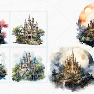 Aquarel Fantasy Castles Clipart - fantasy kasteel nacht landschap landschappen PNG formaat instant download voor commercieel gebruik afbeelding 7