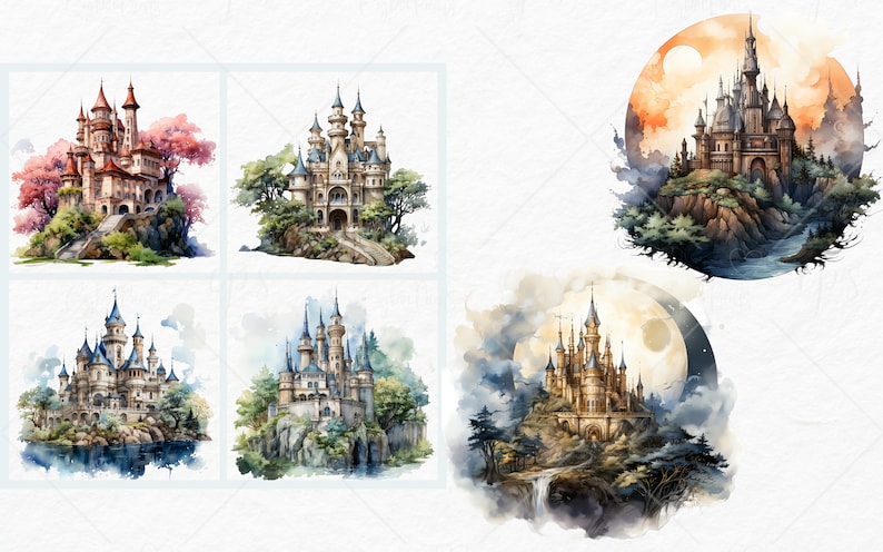 Aquarel Fantasy Castles Clipart - fantasy kasteel nacht landschap landschappen PNG formaat instant download voor commercieel gebruik afbeelding 7