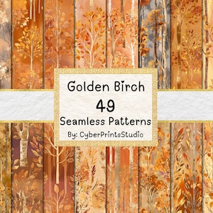 Op de afbeelding: Een verzameling van 49 naadloze patronen met gouden berken in verschillende herfsttinten. De patronen tonen bomen met oranje, gele en bruine bladeren en witte berkenbast. De tekst "Golden Birch 49 Seamless Patterns" is zichtbaar.