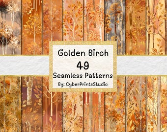 Golden Birch Autumn Tree Digital Paper – 49 Seamless Fall Forest Patterns for Scrapbooking, Invitations, Crafts, and Sublimation,Card Making