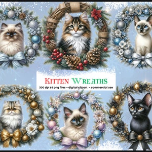 Chat aquarelle de Noël couronnes de fleurs Clipart Bundle - 62 images PNG festives de couronne, graphiques déco de Noël, téléchargement numérique instantané