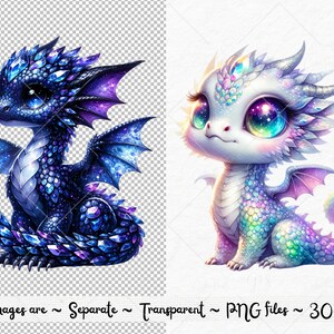 Pu&ograve; includere: Due draghi neonati di cartoni animati con squame scintillanti. Un drago &egrave; blu con ali viola e l'altro &egrave; bianco con ali iridescenti.