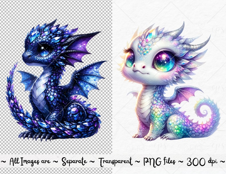 Pu&ograve; includere: Due draghi neonati di cartoni animati con squame scintillanti. Un drago &egrave; blu con ali viola e l'altro &egrave; bianco con ali iridescenti.