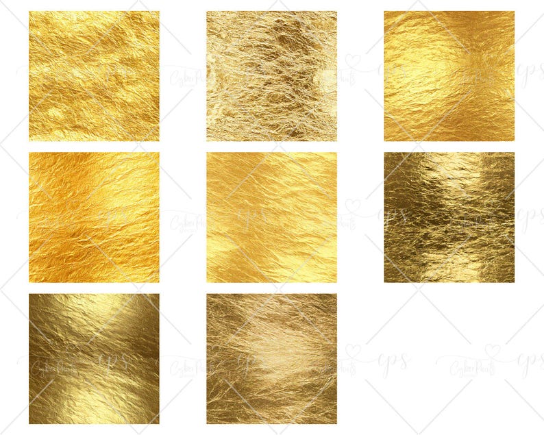 May include: Nine square images showcasing various textures of gold foil. The foil appears crumpled and reflective, with variations in light and shadow creating depth. The overall effect is a luxurious, metallic finish, suitable for digital backgrounds or design elements.