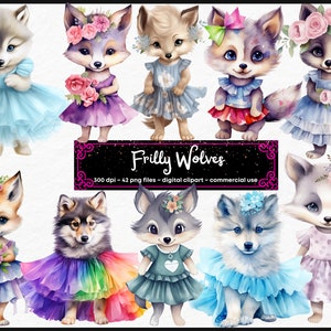 May include: A set of 10 digital clip art images of wolves wearing frilly dresses and flower crowns. The wolves are in various poses and have different colored fur and dresses. The images are 300 dpi and are perfect for commercial use.