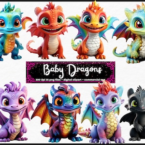 Paquete de imágenes prediseñadas de Baby Dragons - 25 ilustraciones de fantasía, 3-d, lindo libro de cuentos, PNG, descarga digital instantánea, uso comercial
