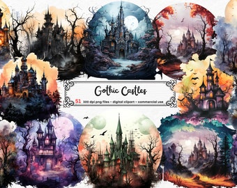 Watercolor Gothic Castles Clipart - gothic castle night scenery landscapes PNG format instant download for commercial use