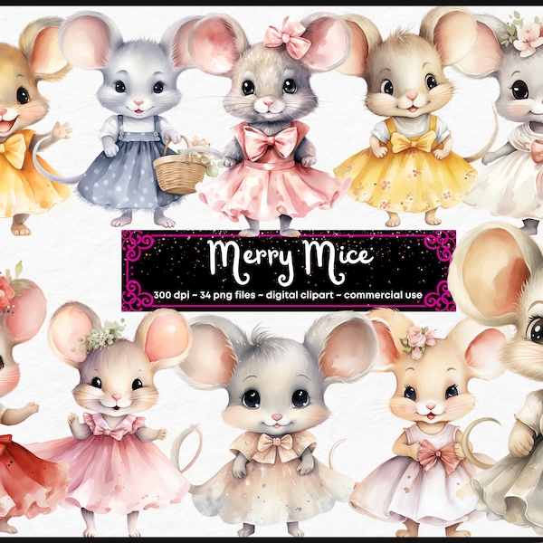 Watercolor cute mouse in dress Clipart, cartoon PNG, mouse Clip art Bundle, adorable, instant download, commercial use, dancing