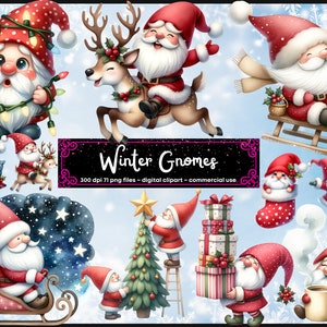 Clipart de gnomos de inverno, diversão de férias, PNG Natal, Papai Noel, impressões digitais, arte de Natal, download digital instantâneo, árvore de Natal