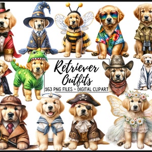 Aquarell Golden Retriever PNG, niedliche Welpen-Outfits, gekleidete Hunde, Pirat, Biene, Zauberer, Baby, Kinderwagen-Kunst, Sublimation, Junk Journal