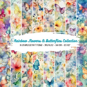 Puede incluir: Un paquete de papel digital con 16 patrones sin costuras que presentan ilustraciones de acuarela de flores y mariposas coloridas. Los patrones son de 12 pulgadas por 12 pulgadas y 300 DPI.