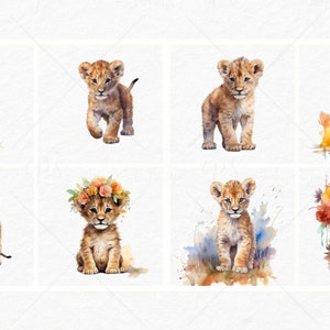 K&ouml;nnte beinhalten: Ein Set mit acht Aquarell-Illustrationen, die niedliche L&ouml;wenbabys in verschiedenen Posen zeigen. Einige L&ouml;wenbabys stehen, w&auml;hrend andere sitzen. Ein L&ouml;wenbaby tr&auml;gt eine Blumenkrone. Die Illustrationen sind in einem weichen, verspielten Stil gemalt und perfekt, um jedem Projekt einen Hauch von Niedlichkeit zu verleihen.
