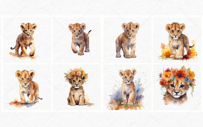 K&ouml;nnte beinhalten: Ein Set mit acht Aquarell-Illustrationen, die niedliche L&ouml;wenbabys in verschiedenen Posen zeigen. Einige L&ouml;wenbabys stehen, w&auml;hrend andere sitzen. Ein L&ouml;wenbaby tr&auml;gt eine Blumenkrone. Die Illustrationen sind in einem weichen, verspielten Stil gemalt und perfekt, um jedem Projekt einen Hauch von Niedlichkeit zu verleihen.