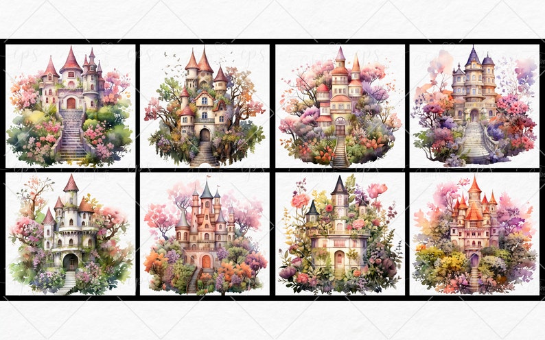 Watercolor Floral Fantasy Castles Clipart - Fantasy Castle Night ...