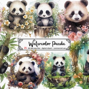 Cute Panda clipart Aquarela Panda png, impressão digital, conjunto de ilustrações, adesivos, álbum de recortes, lixo eletrônico, artesanato em papel, download instantâneo