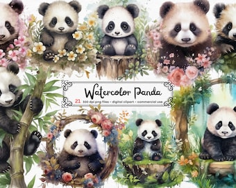 Cute Panda clipart Watercolor Panda png, digital print, illustration set, stickers, Scrapbook, Junk Journal, Paper Crafts, instant download