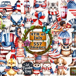 Lot de cliparts du 4 juillet - 557 images PNG : animaux patriotiques, gnomes, enfants, drapeaux des États-Unis, cupcakes, feux d'artifice, sublimation, fête de l'indépendance