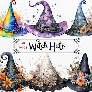 Witch Hat Clipart PNG, Watercolor Clip Art Bundle, Junk Journal, Paper Craft, Scrapbook, Digital Instant Download, Commercial Use