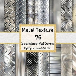 Metal Texture Digital Paper Bundle – 76 Seamless Silver Steel Chrome Backgrounds with Diamond Plate and Industrial Texture, Card Making