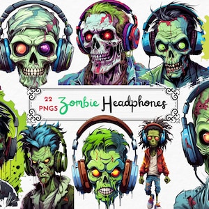 Zombie Kopfhörer Clipart, PNG Zombie Printables, Gothic Zombies, Zombie Ephemera, Untote Clipart, Skelett Clipart, Digital Gothic
