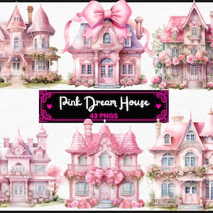 Acquerello rosa Dream Home Clipart - Case floreali, Floral Fantasy House Clipart formato PNG download istantaneo per uso commerciale