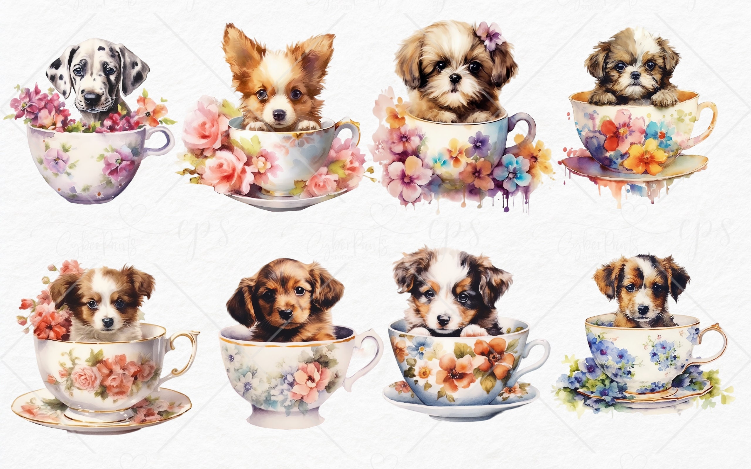 Watercolor Puppy in Teacup Clipart PNG Printable Floral Puppy Tea Party ...