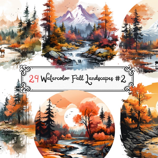 Watercolor Autumn Clipart, Fall Landscape Png Instant Download, Fall Scene Clipart, Autumn Scenery, Landscape Clipart Bundle Commercial Use