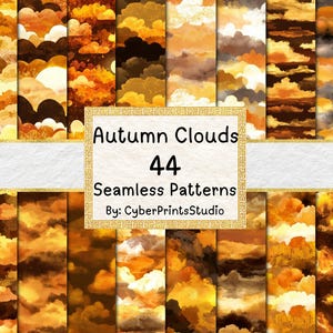 May include: A collection of 44 seamless patterns featuring autumnal cloud designs in shades of gold, brown, and orange. The patterns are displayed in a grid, with a central framed text that reads "Autumn Clouds 44 Seamless Patterns".