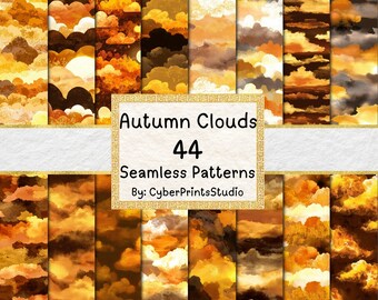 Autumn Clouds Digital Paper – 44 Seamless Fall Sky Watercolor Patterns with Sunset Hues for Sublimation, Journals, and Backgrounds