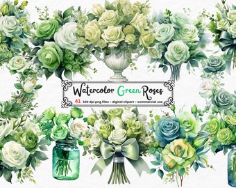 Watercolor Green Roses Clipart - Roses in PNG format instant download for commercial use, Green Rose Vase, Green Rose scrapbooking