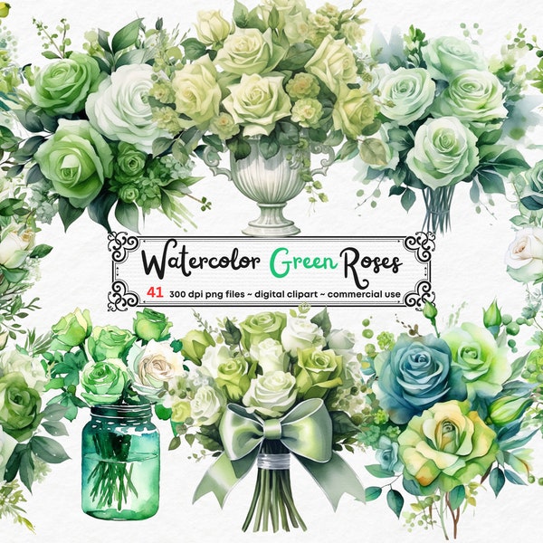 Watercolor Green Roses Clipart - Roses in PNG format instant download for commercial use, Green Rose Vase, Green Rose scrapbooking