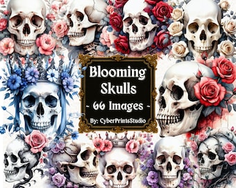 Puede incluir: Arte digital que presenta múltiples calaveras blancas adornadas con flores en tonos rojos, rosas y morados. Algunas calaveras llevan coronas. El texto "Blooming Skulls - 66 Images" se muestra en un marco decorativo.