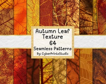 Autumn Leaf Texture Digital Paper Bundle – 64 Seamless Fall Foliage JPGs with Close-Up Leaf Veins for Sublimation and Craft Projects