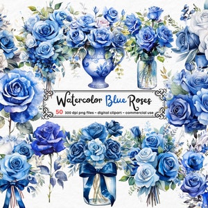 Watercolor Blue Roses Clipart - Roses in PNG format instant download for commercial use, Blue Rose Vase, Blue Rose scrapbooking