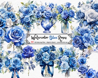 Watercolor Blue Roses Clipart - Roses in PNG format instant download for commercial use, Blue Rose Vase, Blue Rose scrapbooking