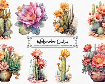 Acuarela Cactus Clipart PNG, Desert Cacti PNG Imprimible Cactus Arte Impresión Uso Comercial Diario Basura Descarga Instantánea