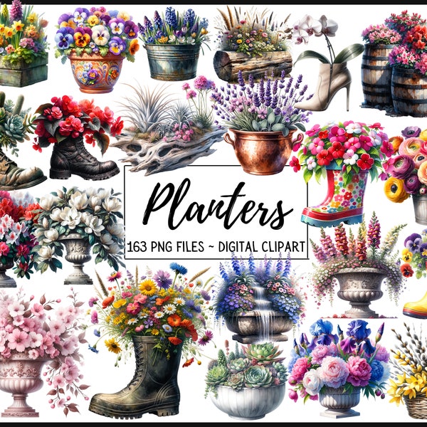 Spring Planters Watercolor Clipart Bundle - 163 PNG Flowers Planter Images, Floral Spring Graphics, Instant Digital Download, Commercial Use