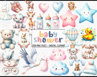 Pacote de clipart em aquarela para chá de bebê - imagens PNG de recém-nascidos, gráficos fofos de celebração de crianças, download digital instantâneo, uso comercial