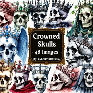 Crowned Skull Clipart Bundle – 48 Royal Gothic Skull PNGs with Crowns, Veils & Florals for Halloween Sublimation, Printables, Crafts
