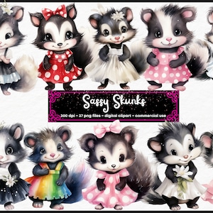 Peut inclure: Un ensemble de 10 images clipart numériques représentant de mignons skunks de dessin animé dans différentes poses et tenues. Les mouffettes portent des robes, des jupes et d'autres accessoires. Les images sont dans un style aquarelle et sont parfaites pour une utilisation dans le scrapbooking numérique, la fabrication de cartes et d'autres projets d'artisanat.  Sassy Skunks - 300 dpi - 37 fichiers png - clipart numérique - utilisation commerciale