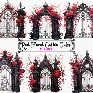 Red Floral Gothic Gates Clipart - gothicl doors, fantasy watercolor PNG format instant download for commercial use