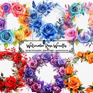 Watercolor Rose Wreaths Clipart, Floral Frames, Watercolor Floral Wreath PNG Instant Download for commercial use