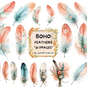 Pacote de Clipart de Penas Boho - 21 Plumas PNG em Aquarela com Detalhes Florais para Sublimação Boho, Adesivos e Projetos de Artesanato