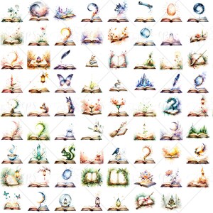May include: A collection of watercolor illustrations featuring open books with various fantasy-themed elements. Each book has a unique design, including animals, plants, and celestial bodies, in a vibrant color palette.