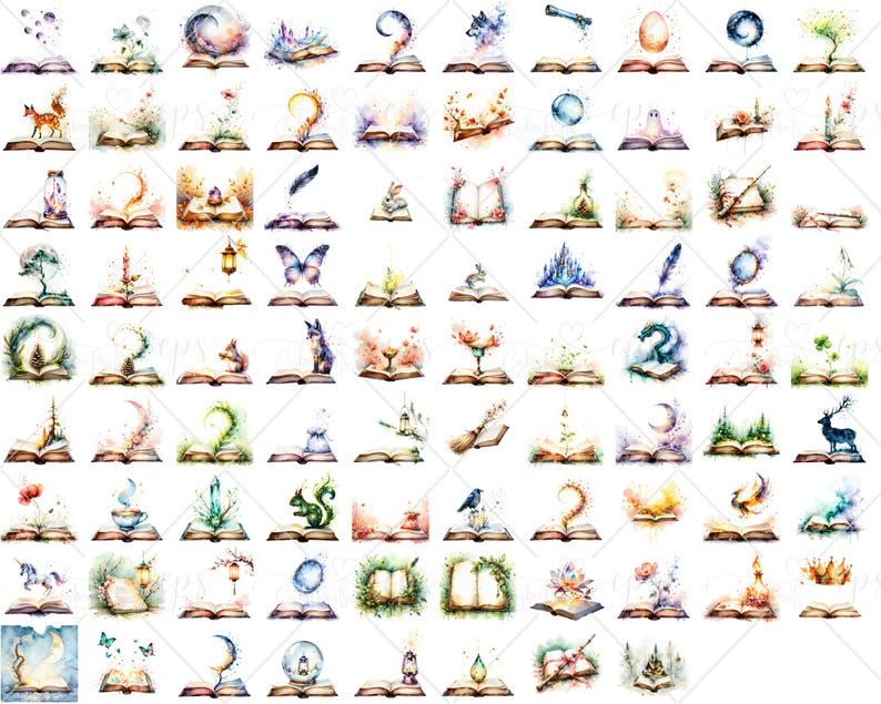May include: A collection of watercolor illustrations featuring open books with various fantasy-themed elements. Each book has a unique design, including animals, plants, and celestial bodies, in a vibrant color palette.